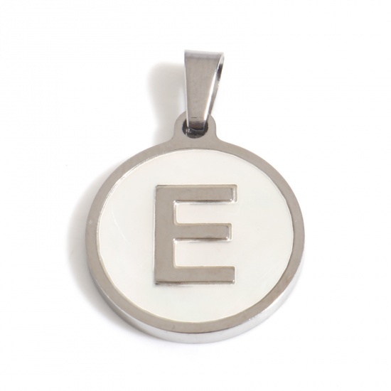 Picture of 1 Piece 304 Stainless Steel & Natural Shell Charm Pendant Silver Tone White Round Initial Alphabet/ Capital Letter Message " E " 24mm x 16mm