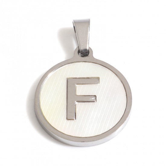 Picture of 1 Piece 304 Stainless Steel & Natural Shell Charm Pendant Silver Tone White Round Initial Alphabet/ Capital Letter Message " F " 24mm x 16mm