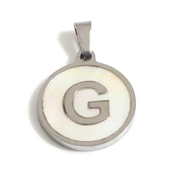 Picture of 1 Piece 304 Stainless Steel & Natural Shell Charm Pendant Silver Tone White Round Initial Alphabet/ Capital Letter Message " G " 24mm x 16mm