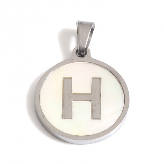 Picture of 1 Piece 304 Stainless Steel & Natural Shell Charm Pendant Silver Tone White Round Initial Alphabet/ Capital Letter Message " H " 24mm x 16mm