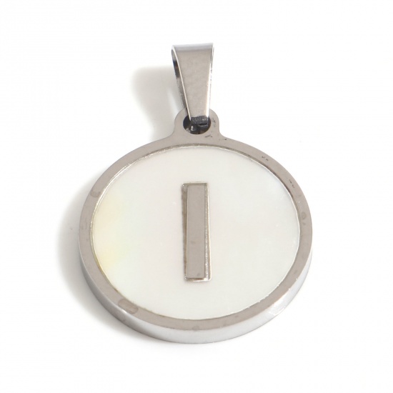 Picture of 1 Piece 304 Stainless Steel & Natural Shell Charm Pendant Silver Tone White Round Initial Alphabet/ Capital Letter Message " U " 24mm x 16mm