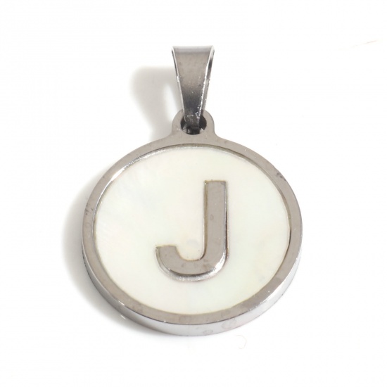 Picture of 1 Piece 304 Stainless Steel & Natural Shell Charm Pendant Silver Tone White Round Initial Alphabet/ Capital Letter Message " J " 24mm x 16mm