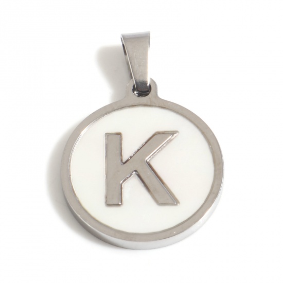 Picture of 1 Piece 304 Stainless Steel & Natural Shell Charm Pendant Silver Tone White Round Initial Alphabet/ Capital Letter Message " K " 24mm x 16mm