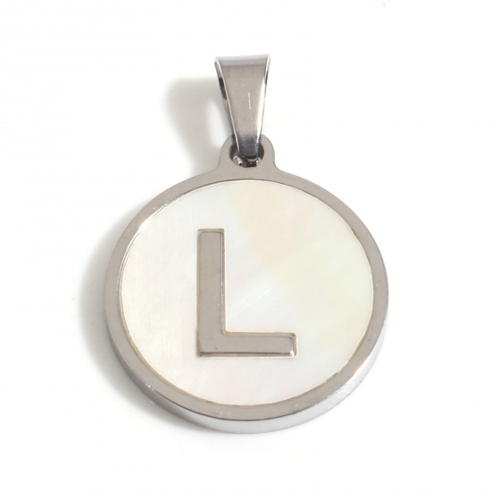 Picture of 1 Piece 304 Stainless Steel & Natural Shell Charm Pendant Silver Tone White Round Initial Alphabet/ Capital Letter Message " L " 24mm x 16mm