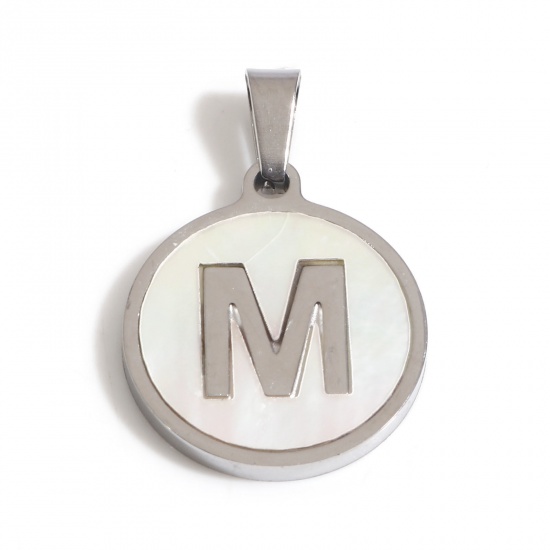 Picture of 1 Piece 304 Stainless Steel & Natural Shell Charm Pendant Silver Tone White Round Initial Alphabet/ Capital Letter Message " M " 24mm x 16mm