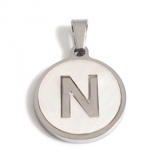 Picture of 1 Piece 304 Stainless Steel & Natural Shell Charm Pendant Silver Tone White Round Initial Alphabet/ Capital Letter Message " N " 24mm x 16mm