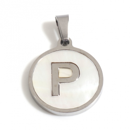 Picture of 1 Piece 304 Stainless Steel & Natural Shell Charm Pendant Silver Tone White Round Initial Alphabet/ Capital Letter Message " P " 24mm x 16mm