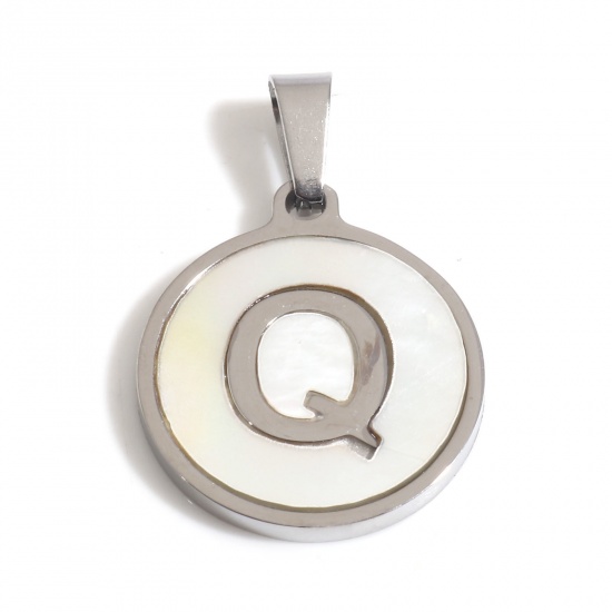 Picture of 1 Piece 304 Stainless Steel & Natural Shell Charm Pendant Silver Tone White Round Initial Alphabet/ Capital Letter Message " Q " 24mm x 16mm