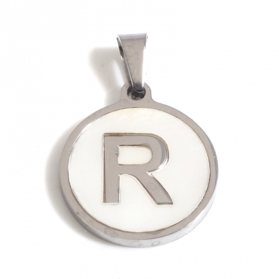 Picture of 1 Piece 304 Stainless Steel & Natural Shell Charm Pendant Silver Tone White Round Initial Alphabet/ Capital Letter Message " R " 24mm x 16mm