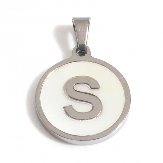 Picture of 1 Piece 304 Stainless Steel & Natural Shell Charm Pendant Silver Tone White Round Initial Alphabet/ Capital Letter Message " S " 24mm x 16mm