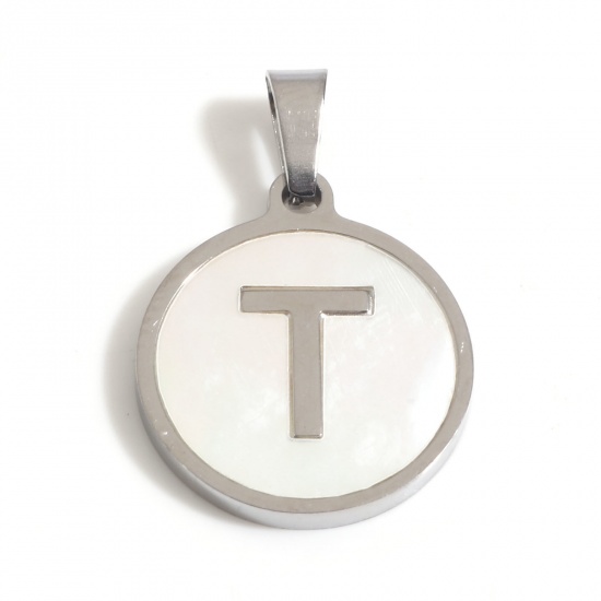 Picture of 1 Piece 304 Stainless Steel & Natural Shell Charm Pendant Silver Tone White Round Initial Alphabet/ Capital Letter Message " T " 24mm x 16mm