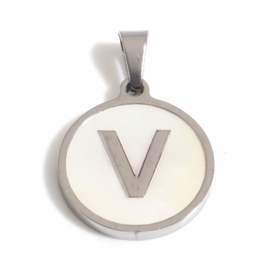 Picture of 1 Piece 304 Stainless Steel & Natural Shell Charm Pendant Silver Tone White Round Initial Alphabet/ Capital Letter Message " V " 24mm x 16mm