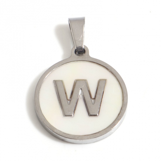 Picture of 1 Piece 304 Stainless Steel & Natural Shell Charm Pendant Silver Tone White Round Initial Alphabet/ Capital Letter Message " W " 24mm x 16mm