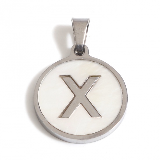 Picture of 1 Piece 304 Stainless Steel & Natural Shell Charm Pendant Silver Tone White Round Initial Alphabet/ Capital Letter Message " X " 24mm x 16mm