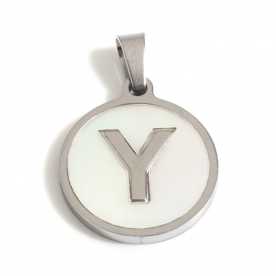 Picture of 1 Piece 304 Stainless Steel & Natural Shell Charm Pendant Silver Tone White Round Initial Alphabet/ Capital Letter Message " Y " 24mm x 16mm