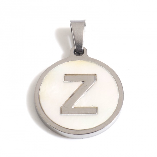 Picture of 1 Piece 304 Stainless Steel & Natural Shell Charm Pendant Silver Tone White Round Initial Alphabet/ Capital Letter Message " Z " 24mm x 16mm