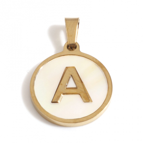 Picture of 304 Stainless Steel & Shell Charms Gold Plated White Round Initial Alphabet/ Capital Letter Message " A " 24mm x 16mm, 1 Piece