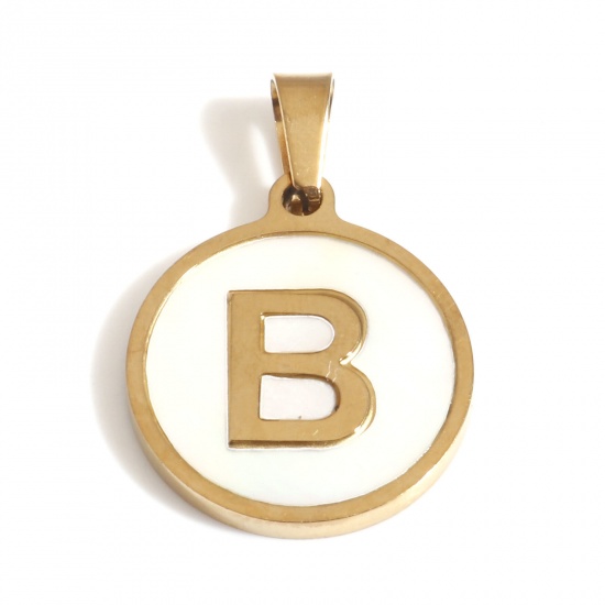 Picture of 304 Stainless Steel & Shell Charms Gold Plated White Round Initial Alphabet/ Capital Letter Message " B " 24mm x 16mm, 1 Piece