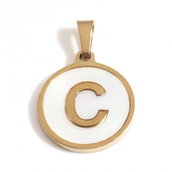 Picture of 304 Stainless Steel & Shell Charms Gold Plated White Round Initial Alphabet/ Capital Letter Message " C " 24mm x 16mm, 1 Piece