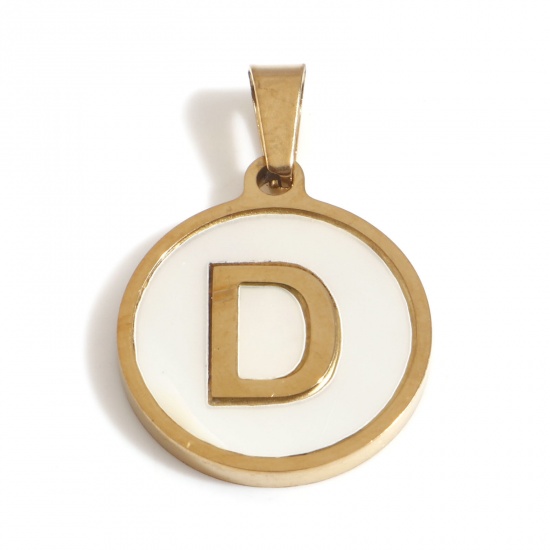 Picture of 304 Stainless Steel & Shell Charms Gold Plated White Round Initial Alphabet/ Capital Letter Message " D " 24mm x 16mm, 1 Piece