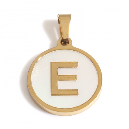 Picture of 304 Stainless Steel & Shell Charms Gold Plated White Round Initial Alphabet/ Capital Letter Message " E " 24mm x 16mm, 1 Piece