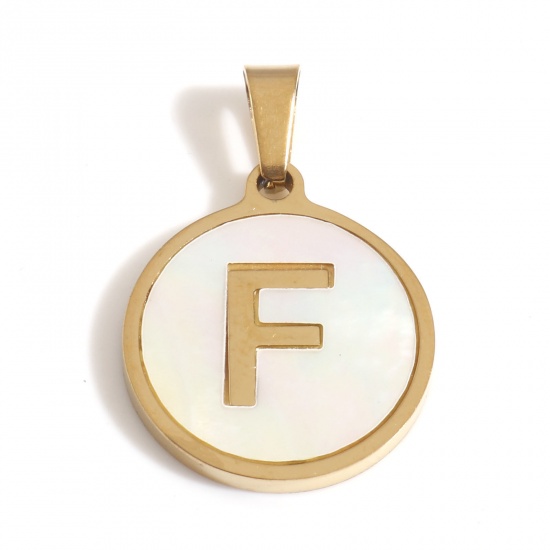 Picture of 304 Stainless Steel & Shell Charms Gold Plated White Round Initial Alphabet/ Capital Letter Message " F " 24mm x 16mm, 1 Piece