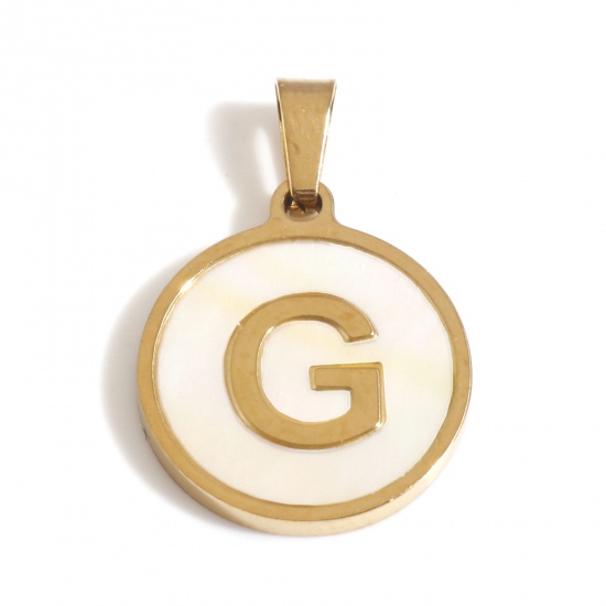 Picture of 304 Stainless Steel & Shell Charms Gold Plated White Round Initial Alphabet/ Capital Letter Message " G " 24mm x 16mm, 1 Piece