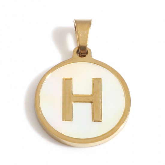 Picture of 304 Stainless Steel & Shell Charms Gold Plated White Round Initial Alphabet/ Capital Letter Message " H " 24mm x 16mm, 1 Piece