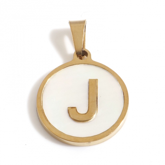 Picture of 304 Stainless Steel & Shell Charms Gold Plated White Round Initial Alphabet/ Capital Letter Message " J " 24mm x 16mm, 1 Piece