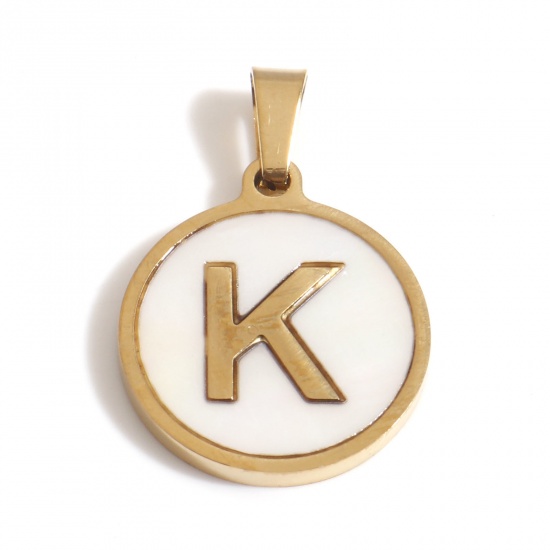 Picture of 304 Stainless Steel & Shell Charms Gold Plated White Round Initial Alphabet/ Capital Letter Message " K " 24mm x 16mm, 1 Piece