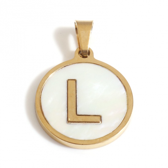 Picture of 304 Stainless Steel & Shell Charms Gold Plated White Round Initial Alphabet/ Capital Letter Message " L " 24mm x 16mm, 1 Piece