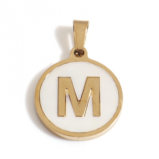 Picture of 304 Stainless Steel & Shell Charms Gold Plated White Round Initial Alphabet/ Capital Letter Message " M " 24mm x 16mm, 1 Piece