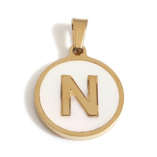 Picture of 304 Stainless Steel & Shell Charms Gold Plated White Round Initial Alphabet/ Capital Letter Message " N " 24mm x 16mm, 1 Piece