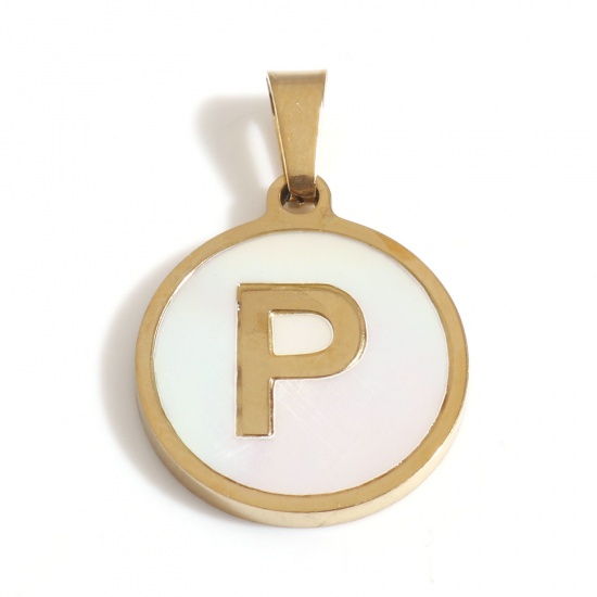 Picture of 304 Stainless Steel & Shell Charms Gold Plated White Round Initial Alphabet/ Capital Letter Message " P " 24mm x 16mm, 1 Piece