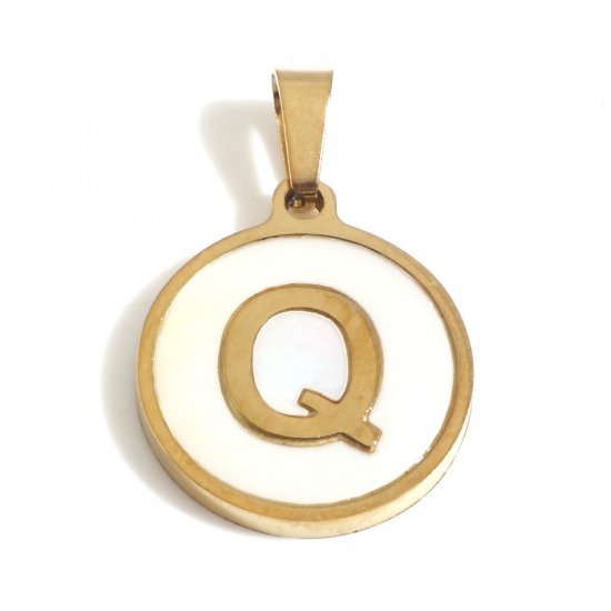 Picture of 304 Stainless Steel & Shell Charms Gold Plated White Round Initial Alphabet/ Capital Letter Message " Q " 24mm x 16mm, 1 Piece