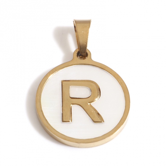 Picture of 304 Stainless Steel & Shell Charms Gold Plated White Round Initial Alphabet/ Capital Letter Message " R " 24mm x 16mm, 1 Piece