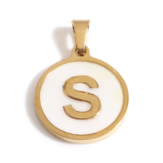Picture of 304 Stainless Steel & Shell Charms Gold Plated White Round Initial Alphabet/ Capital Letter Message " S " 24mm x 16mm, 1 Piece
