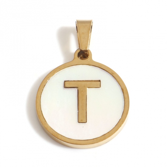 Picture of 304 Stainless Steel & Shell Charms Gold Plated White Round Initial Alphabet/ Capital Letter Message " T " 24mm x 16mm, 1 Piece