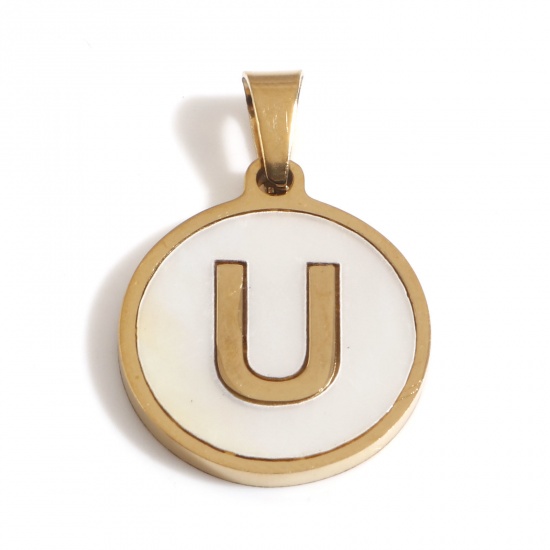 Picture of 304 Stainless Steel & Shell Charms Gold Plated White Round Initial Alphabet/ Capital Letter Message " U " 24mm x 16mm, 1 Piece