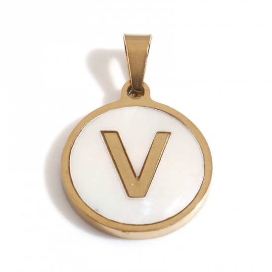 Picture of 304 Stainless Steel & Shell Charms Gold Plated White Round Initial Alphabet/ Capital Letter Message " V " 24mm x 16mm, 1 Piece