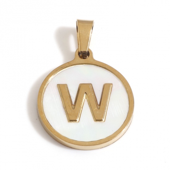 Picture of 304 Stainless Steel & Shell Charms Gold Plated White Round Initial Alphabet/ Capital Letter Message " W " 24mm x 16mm, 1 Piece