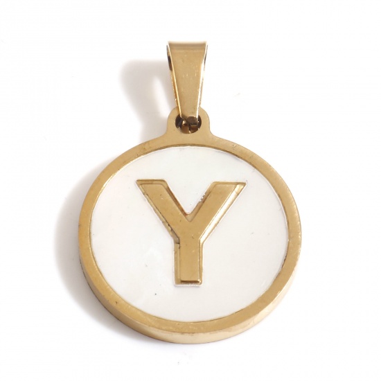 Picture of 304 Stainless Steel & Shell Charms Gold Plated White Round Initial Alphabet/ Capital Letter Message " Y " 24mm x 16mm, 1 Piece