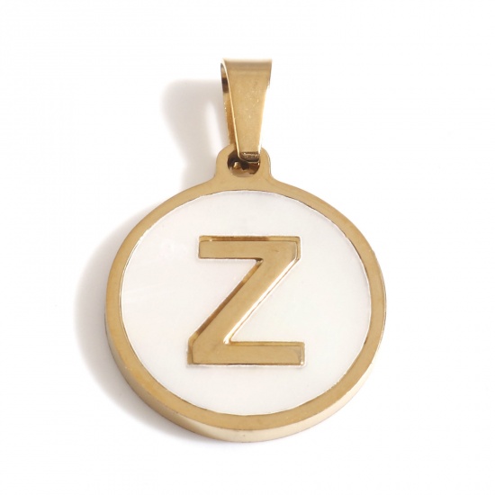 Picture of 304 Stainless Steel & Shell Charms Gold Plated White Round Initial Alphabet/ Capital Letter Message " Z " 24mm x 16mm, 1 Piece