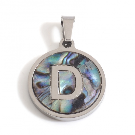 Picture of 304 Stainless Steel & Shell Charms Silver Tone Multicolor Round Initial Alphabet/ Capital Letter Message " D " 24mm x 16mm, 1 Piece