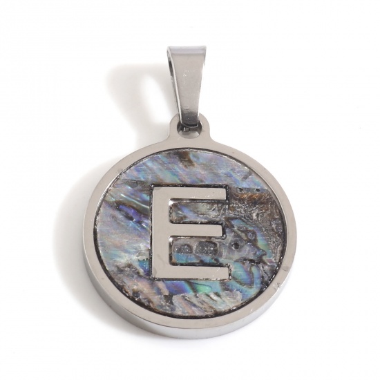 Picture of 304 Stainless Steel & Shell Charms Silver Tone Multicolor Round Initial Alphabet/ Capital Letter Message " E " 24mm x 16mm, 1 Piece