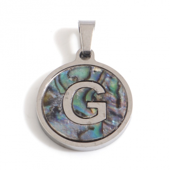 Picture of 304 Stainless Steel & Shell Charms Silver Tone Multicolor Round Initial Alphabet/ Capital Letter Message " G " 24mm x 16mm, 1 Piece
