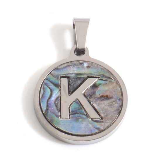 Picture of 304 Stainless Steel & Shell Charms Silver Tone Multicolor Round Initial Alphabet/ Capital Letter Message " K " 24mm x 16mm, 1 Piece