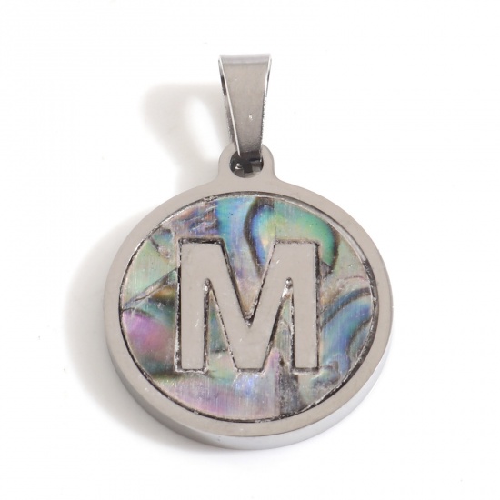 Picture of 304 Stainless Steel & Shell Charms Silver Tone Multicolor Round Initial Alphabet/ Capital Letter Message " M " 24mm x 16mm, 1 Piece