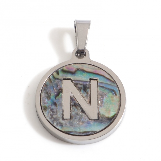 Picture of 304 Stainless Steel & Shell Charms Silver Tone Multicolor Round Initial Alphabet/ Capital Letter Message " N " 24mm x 16mm, 1 Piece