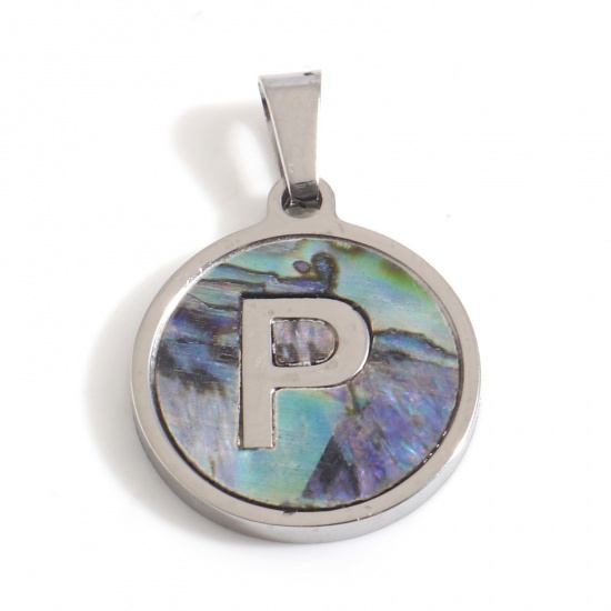 Picture of 304 Stainless Steel & Shell Charms Silver Tone Multicolor Round Initial Alphabet/ Capital Letter Message " P " 24mm x 16mm, 1 Piece